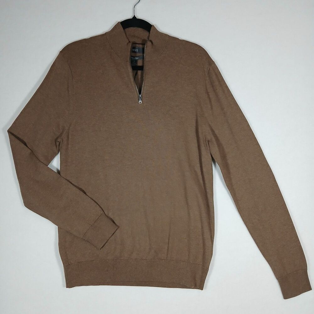 NEW M&S Cotton Rich Zip Sweater Marks & Spencer Tobacco Color Tan Medium #491
